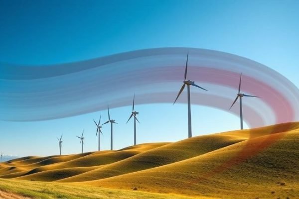 A row of wind turbines on rolling hills with airflow visualization, illustrating the aerodynamics of wind turbines and how they harness kinetic energy for power generation.
