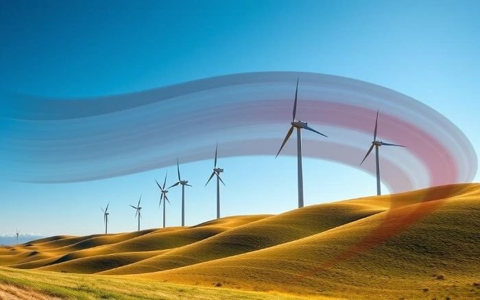 A row of wind turbines on rolling hills with airflow visualization, illustrating the aerodynamics of wind turbines and how they harness kinetic energy for power generation.