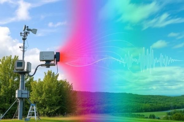 Weather monitoring device using the Doppler effect to measure wind speed and direction in an open field.