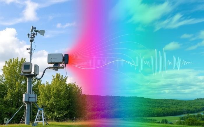 Weather monitoring device using the Doppler effect to measure wind speed and direction in an open field.