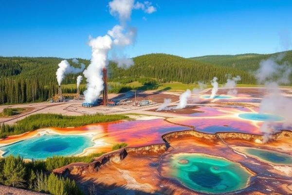 A geothermal power plant near colorful hot springs, illustrating how geothermal energy taps into Earth's heat for sustainable power generation.