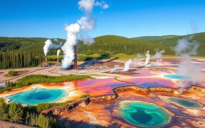 A geothermal power plant near colorful hot springs, illustrating how geothermal energy taps into Earth's heat for sustainable power generation.