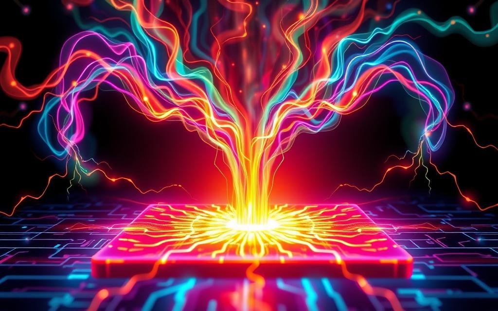 Abstract illustration of thermoelectric energy flow showing heat and electrical energy transfer from a hot surface through a module, representing thermal management and energy conversion in thermoelectric systems.