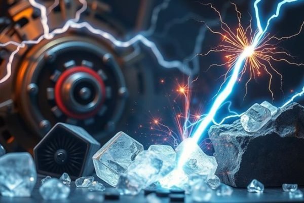 Conceptual illustration of the piezoelectric effect, showing electric sparks generated from mechanical stress on crystalline materials.