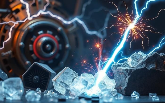 Conceptual illustration of the piezoelectric effect, showing electric sparks generated from mechanical stress on crystalline materials.