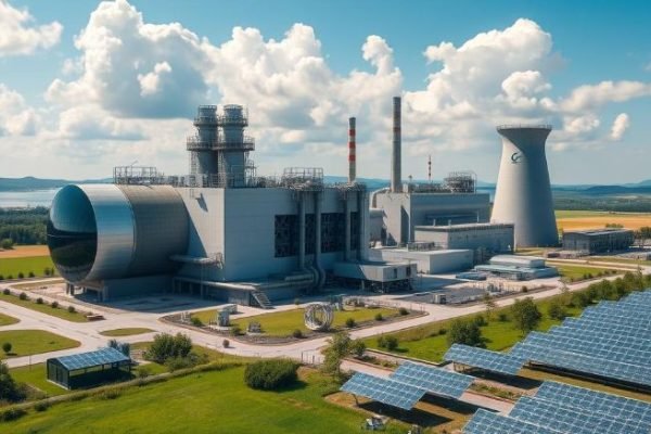 Modern carbon capture and storage (CCS) facility with industrial structures, cooling towers, and solar panels, highlighting sustainable energy solutions for reducing carbon emissions.