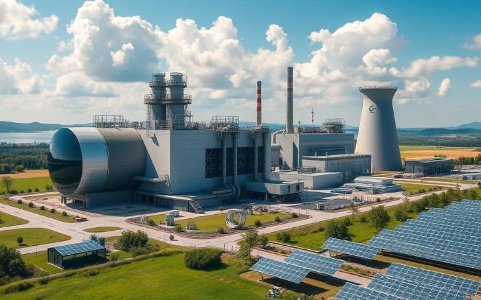 Modern carbon capture and storage (CCS) facility with industrial structures, cooling towers, and solar panels, highlighting sustainable energy solutions for reducing carbon emissions.