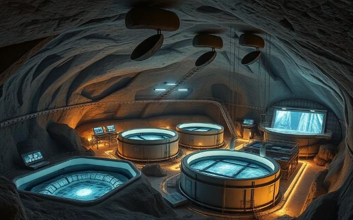 Underground CO2 storage facility showcasing advanced mineralization and ocean storage technologies for long-term carbon dioxide containment.