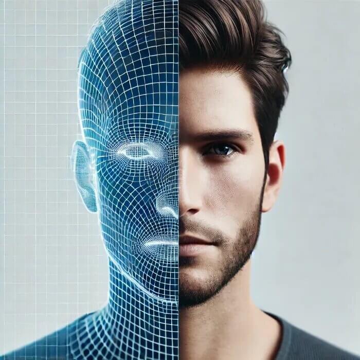 Portrait of the author with half of the face as a realistic 3D wireframe model and the other half as a natural human face, symbolizing the fusion of technology and creativity.