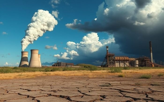 Industrial facility emitting smoke with dry, cracked ground under a stormy sky, symbolizing public concerns and regulatory challenges of carbon capture and storage (CCS) in addressing climate change.