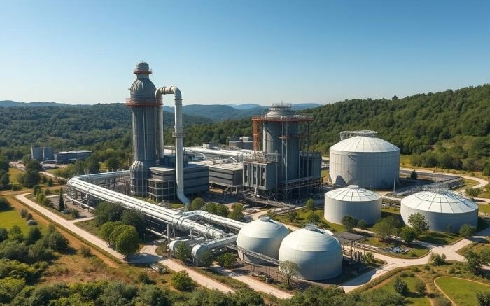 Industrial facility showcasing carbon capture technologies, including pre-combustion, post-combustion, and oxy-fuel combustion methods for reducing CO2 emissions.