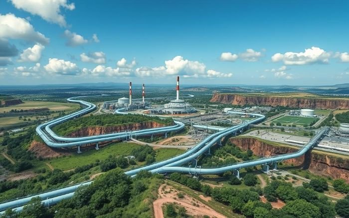 Extensive CO2 transportation pipeline system connected to an industrial facility, highlighting safety measures and regulations for secure carbon dioxide transport.
