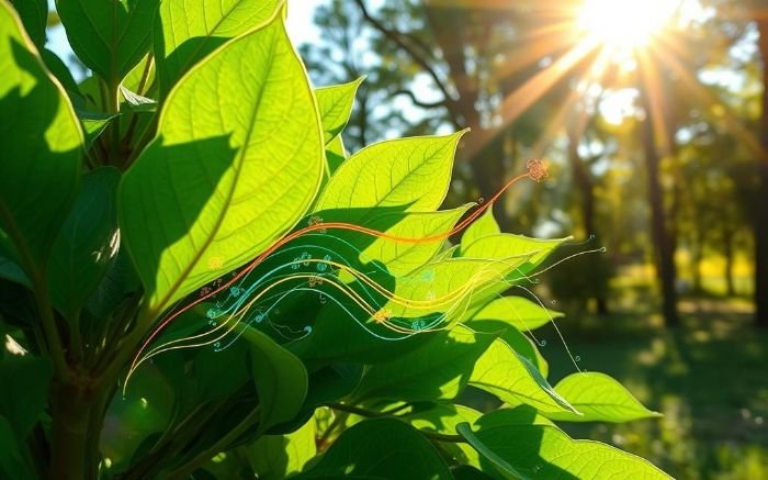 Green leaves absorbing sunlight, symbolizing energy storage in biomass through photosynthesis for sustainable energy and biofuel production.