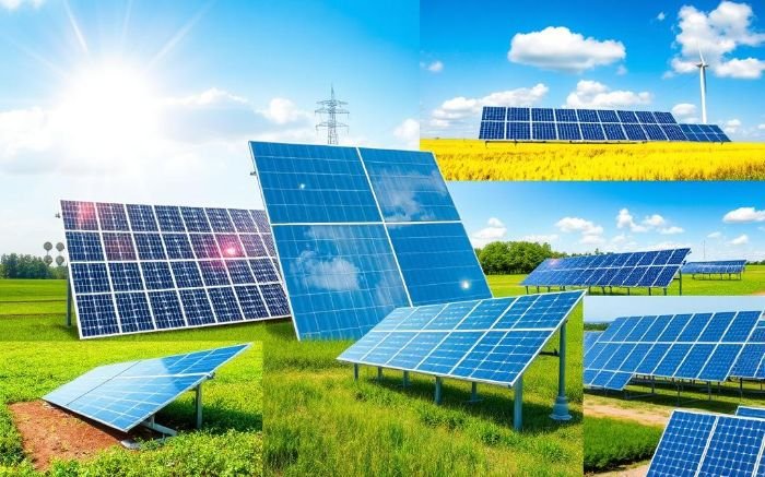 Various types of solar panels including monocrystalline, polycrystalline, and thin-film solar cells installed in open fields under bright sunlight.