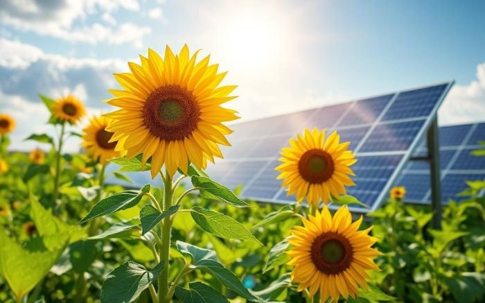 Sunflowers growing near solar panels under bright sunlight, symbolizing the connection between natural photosynthesis and photovoltaic technology for sustainable energy production.