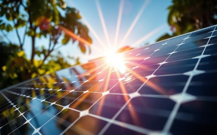 Sunlight shining on a solar panel, demonstrating how solar cells absorb energy from photons for electricity generation.