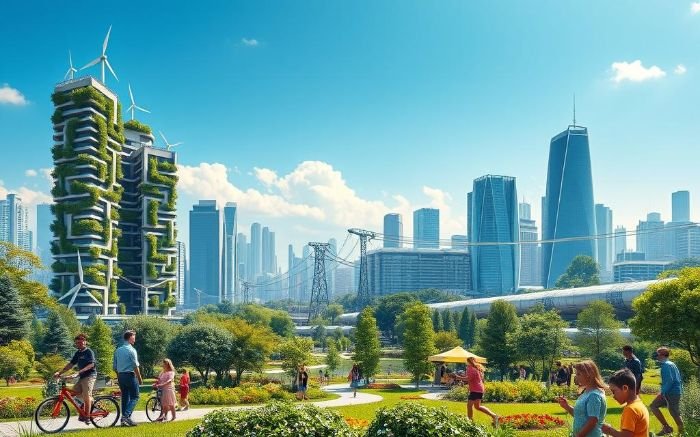Futuristic eco-friendly city with green buildings, wind turbines, and public green spaces, representing sustainable energy transition supported by carbon capture technology.