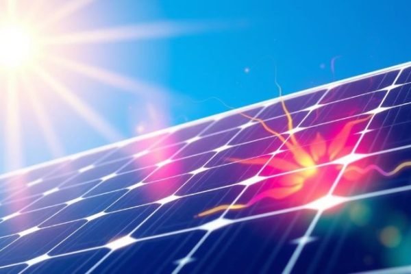 Close-up of solar panels absorbing sunlight, illustrating the photovoltaic effect and the science behind solar energy conversion.