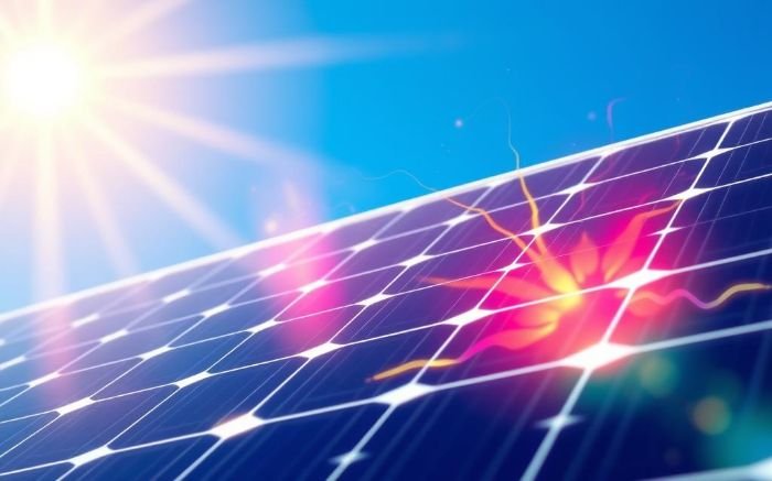 Close-up of solar panels absorbing sunlight, illustrating the photovoltaic effect and the science behind solar energy conversion.