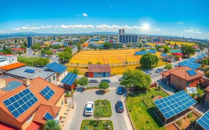 A vibrant urban neighborhood with solar panels installed on rooftops and public structures, showcasing the integration of photovoltaic systems in city infrastructure for sustainable energy.