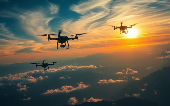 Doppler-equipped drones measuring wind patterns at high altitudes during sunset, showcasing future innovations in wind energy and meteorology.