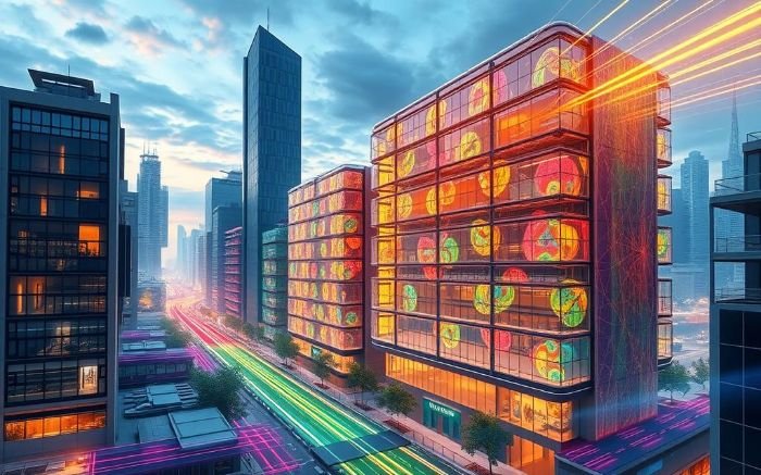 Futuristic cityscape with illuminated buildings utilizing piezoelectric energy harvesting for large-scale urban efficiency.