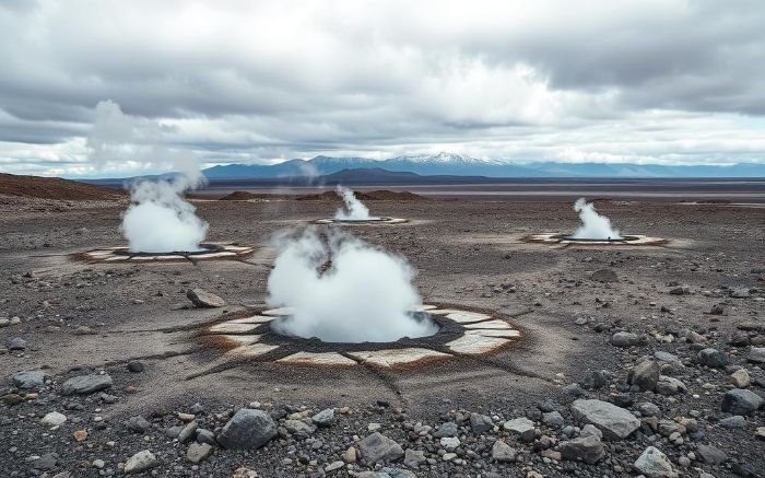 Geothermal steam vents in a remote landscape, illustrating the high initial costs and infrastructure requirements for geothermal energy projects.