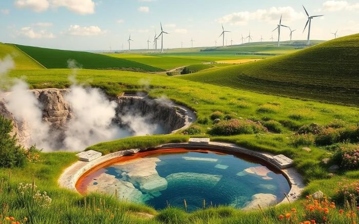 A geothermal hot spring with steam rising, set in a green landscape with wind turbines in the background, illustrating the low emissions and environmental benefits of geothermal energy.