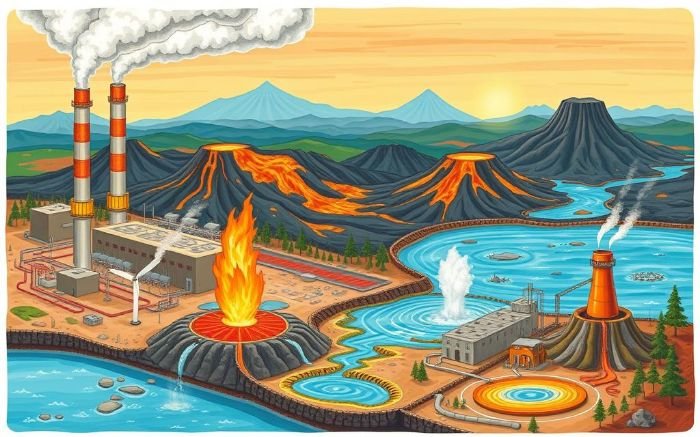 An illustrated diagram of geothermal power plants, showcasing dry steam, flash steam, and binary cycle technologies used to generate renewable energy from Earth's heat.