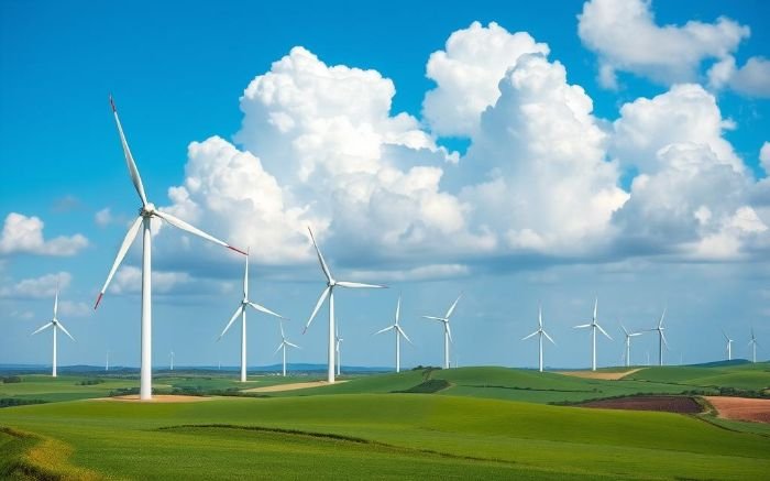 A wind farm with multiple horizontal axis wind turbines (HAWT) generating renewable energy, illustrating their efficiency in harnessing wind power through aerodynamic blade design.