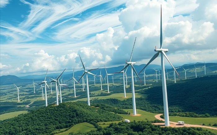 Wind farm with multiple wind turbines generating renewable energy using real-time wind data and Doppler technology.