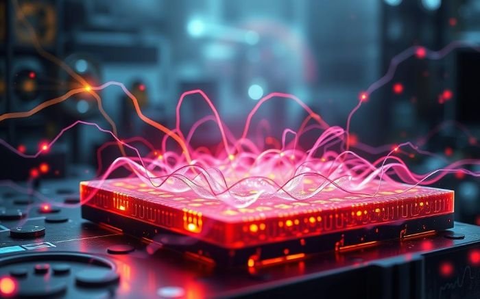 Futuristic illustration of a glowing piezoelectric device generating energy, symbolizing the potential for large-scale urban energy harvesting.