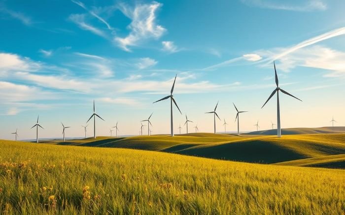 A landscape with multiple wind turbines generating renewable energy, illustrating the potential of small-scale wind turbines for residential and rural power solutions.