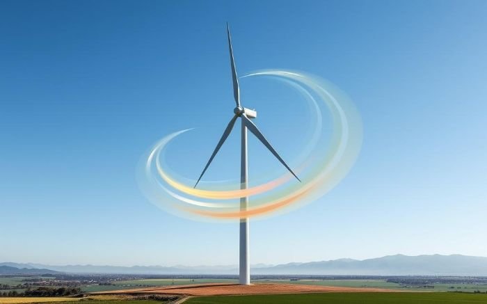 A wind turbine with airflow visualization, illustrating the impact of the angle of attack on efficiency and energy generation.