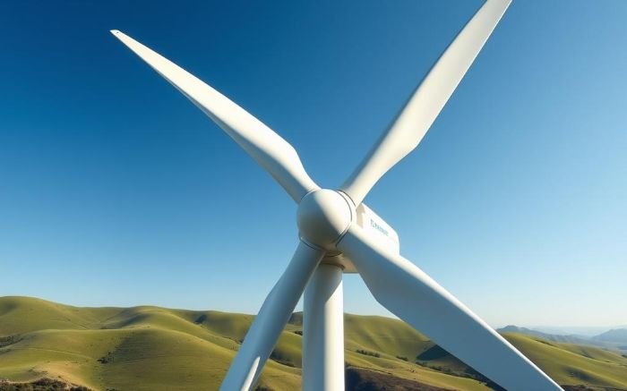 A close-up view of a wind turbine with large blades, illustrating the impact of blade length and rotation speed on energy efficiency and power generation.