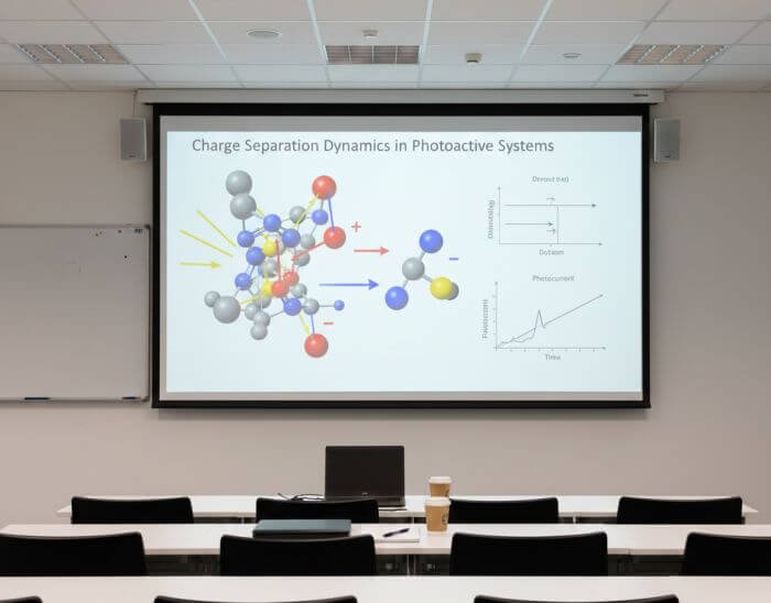 Conference screen showing molecular charge separation diagram with excitation flow and photoactive system graphs