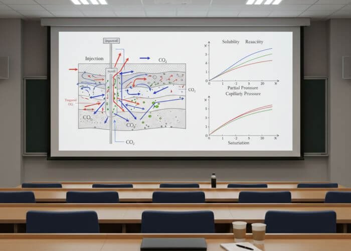 Diagram illustrating CO2 partial pressure effects on subsurface flow, solubility, and capillary forces.