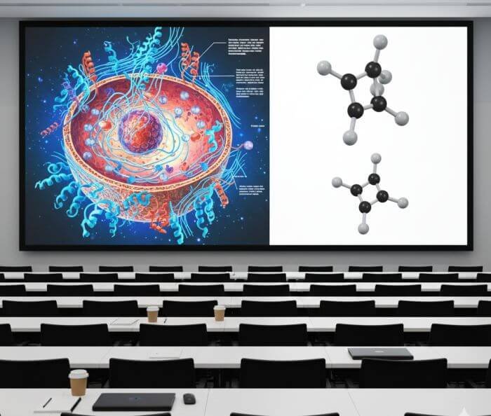 Conference room with a large screen displaying a cell illustration and molecular models during a biology presentation