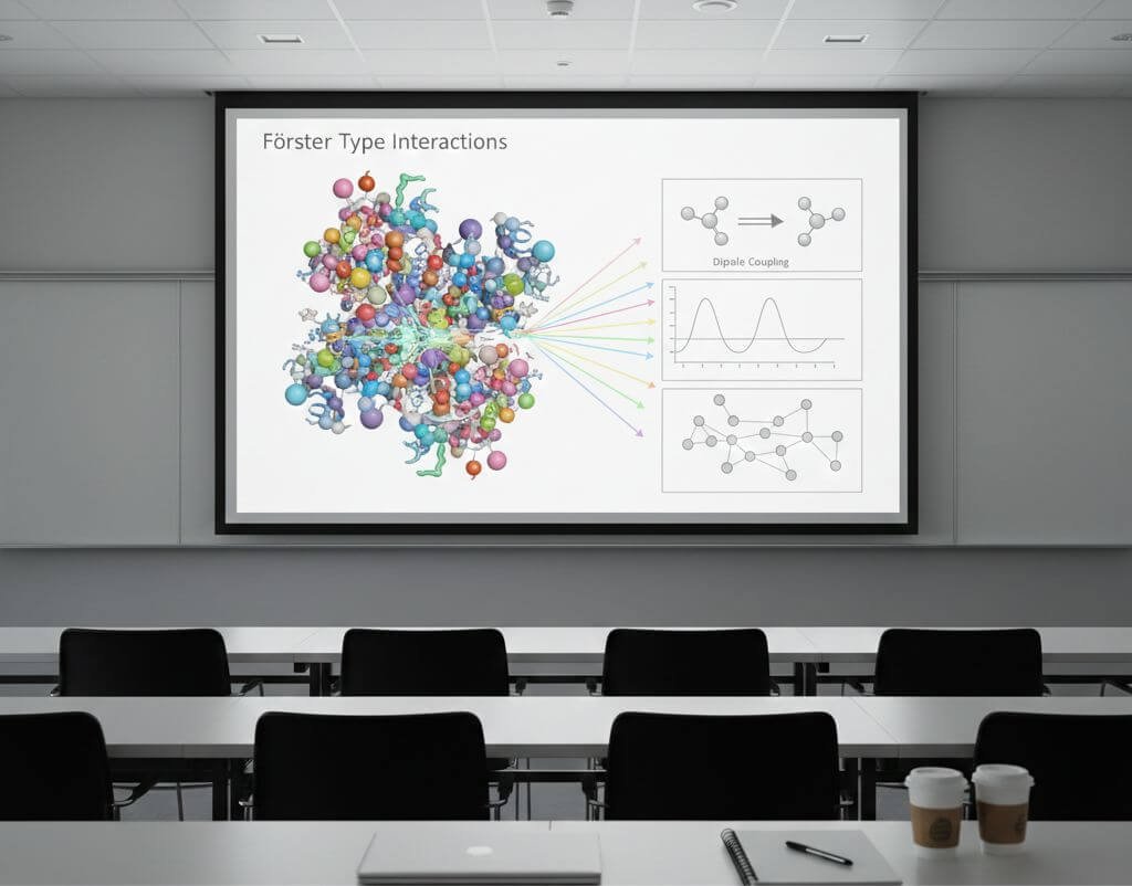 Conference room screen showing molecular diagrams and energy transfer visuals illustrating Förster type interactions