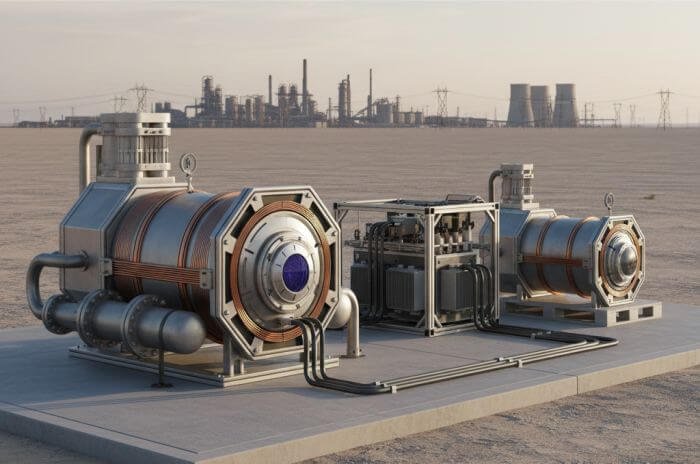 Nitrogen fusion deployment concept showing industrial scale units near energy infrastructure