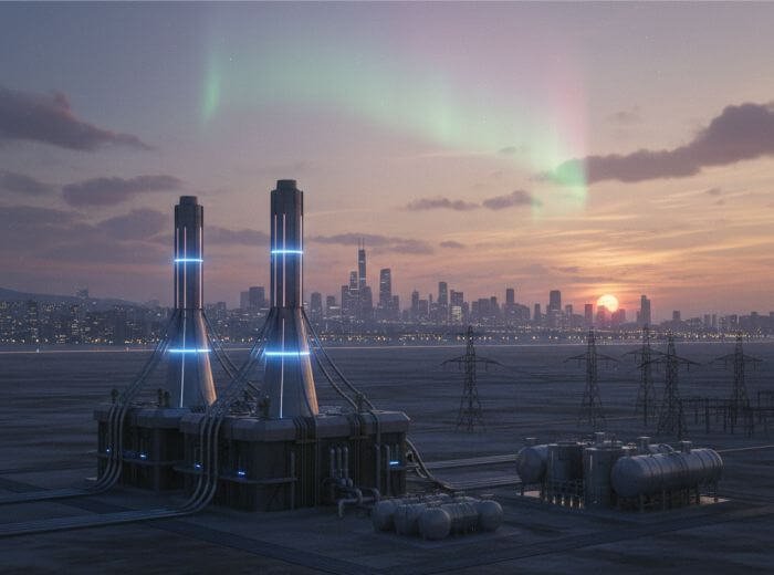Concept nitrogen fusion energy plant with dual towers and city skyline at sunset