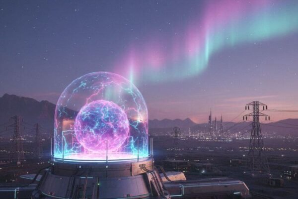 Concept reactor sphere illustrating atmospheric nitrogen fusion with aurora-like energy patterns