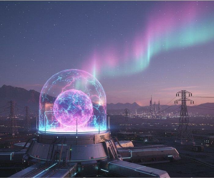 Concept reactor sphere illustrating atmospheric nitrogen fusion with aurora-like energy patterns