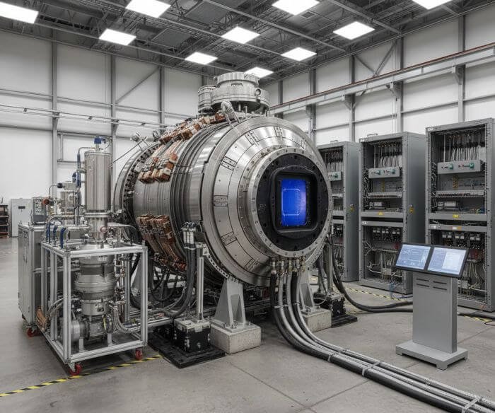 Nitrogen fusion reactor prototype showing confinement chamber and control racks