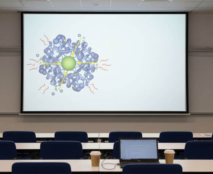 Diagram of non photochemical quenching shown on a classroom screen with protein complex and energy dissipation arrows