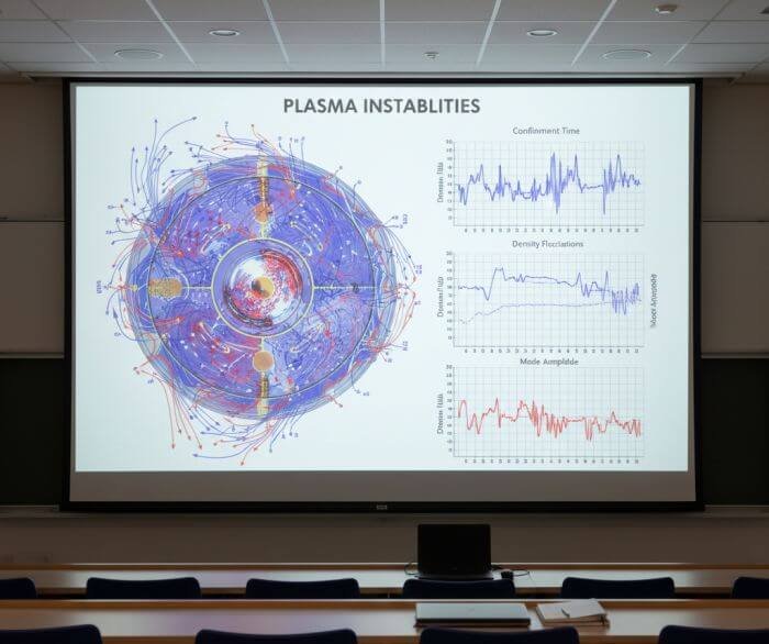 Lecture slide showing plasma instabilities with a plasma cross section and graphs of confinement time, density fluctuations and mode amplitude.
