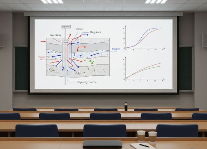 Diagram showing CO2 plume migration, buoyancy effects, and capillary forces during subsurface injection.