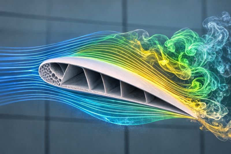 Technical illustration of an airfoil cross section with airflow streamlines showing lift generation and flow behavior around the profile