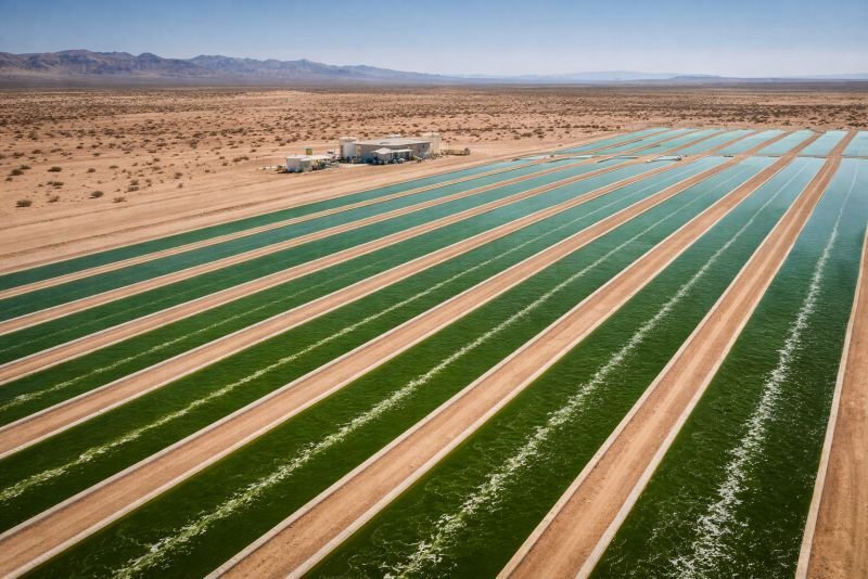 Aerial view of an algae biofuel cultivation facility with long green ponds arranged in rows in a desert environment