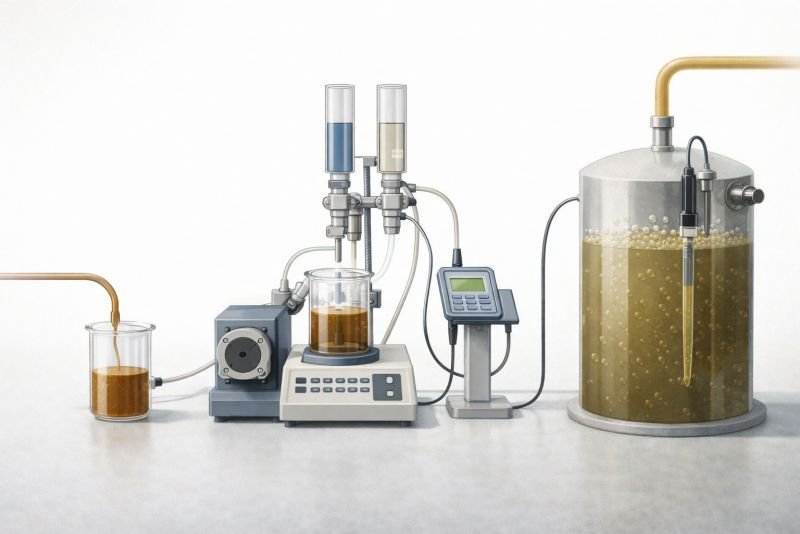 Anaerobic digester monitoring setup with liquid sample stream titration unit pH probe and reactor vessel with gas headspace